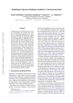 Rethinking Coherence Modeling: Synthetic vs. Downstream Tasks