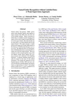 Named Entity Recognition without Labelled Data: A Weak Supervision
  Approach