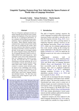 Linguistic Typology Features from Text: Inferring the Sparse Features of
  World Atlas of Language Structures