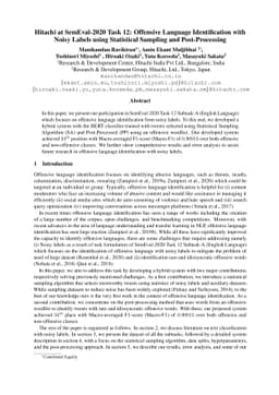 Hitachi at SemEval-2020 Task 12: Offensive Language Identification with
  Noisy Labels using Statistical Sampling and Post-Processing