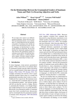 On the Relationships Between the Grammatical Genders of Inanimate Nouns
  and Their Co-Occurring Adjectives and Verbs