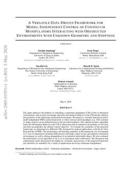 A Versatile Data-Driven Framework for Model-Independent Control of
  Continuum Manipulators Interacting With Obstructed Environments With Unknown
  Geometry and Stiffness
