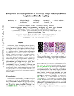 Unsupervised Instance Segmentation in Microscopy Images via Panoptic
  Domain Adaptation and Task Re-weighting