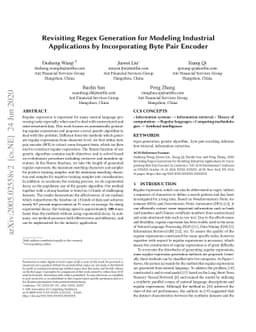 Revisiting Regex Generation for Modeling Industrial Applications by
  Incorporating Byte Pair Encoder