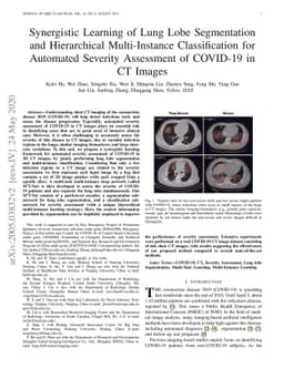 Synergistic Learning of Lung Lobe Segmentation and Hierarchical
  Multi-Instance Classification for Automated Severity Assessment of COVID-19
  in CT Images