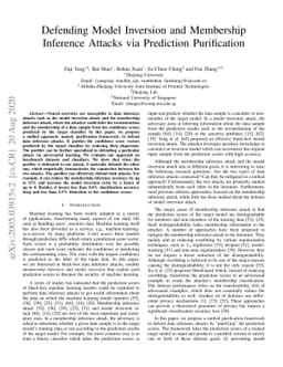 Defending Model Inversion and Membership Inference Attacks via
  Prediction Purification