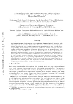 Evaluating Sparse Interpretable Word Embeddings for Biomedical Domain