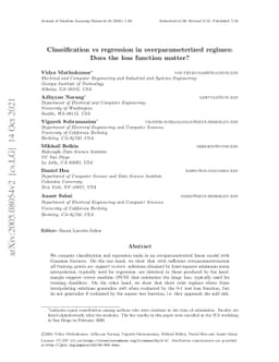 Classification vs regression in overparameterized regimes: Does the loss
  function matter?