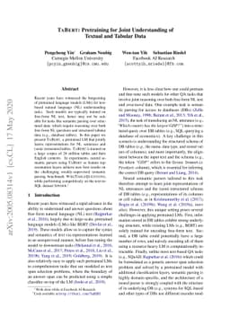 TaBERT: Pretraining for Joint Understanding of Textual and Tabular Data