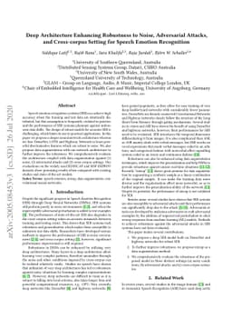 Deep Architecture Enhancing Robustness to Noise, Adversarial Attacks,
  and Cross-corpus Setting for Speech Emotion Recognition
