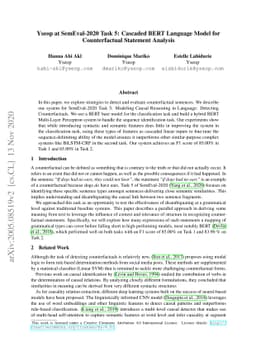 Yseop at SemEval-2020 Task 5: Cascaded BERT Language Model for
  Counterfactual Statement Analysis