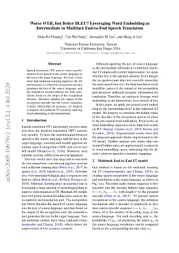 Worse WER, but Better BLEU? Leveraging Word Embedding as Intermediate in
  Multitask End-to-End Speech Translation