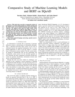 Comparative Study of Machine Learning Models and BERT on SQuAD