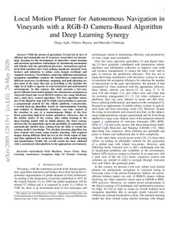 Local Motion Planner for Autonomous Navigation in Vineyards with a RGB-D
  Camera-Based Algorithm and Deep Learning Synergy