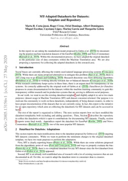 MT-Adapted Datasheets for Datasets: Template and Repository