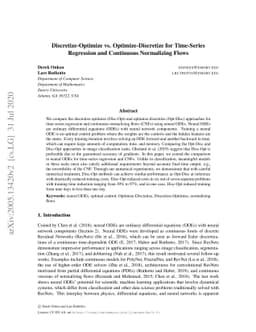 Discretize-Optimize vs. Optimize-Discretize for Time-Series Regression
  and Continuous Normalizing Flows