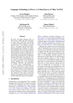 Language (Technology) is Power: A Critical Survey of "Bias" in NLP