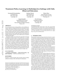 Treatment Policy Learning in Multiobjective Settings with Fully Observed
  Outcomes