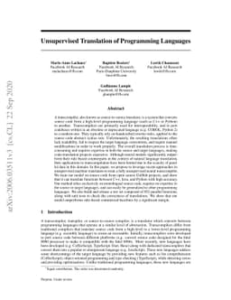 Unsupervised Translation of Programming Languages