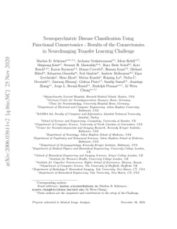 Neuropsychiatric Disease Classification Using Functional Connectomics --
  Results of the Connectomics in NeuroImaging Transfer Learning Challenge