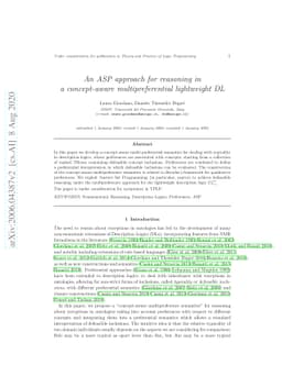 An ASP approach for reasoning in a concept-aware multipreferential
  lightweight DL