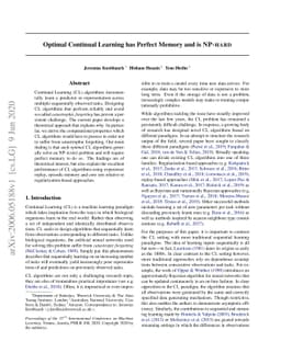 Optimal Continual Learning has Perfect Memory and is NP-hard