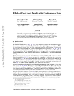 Efficient Contextual Bandits with Continuous Actions