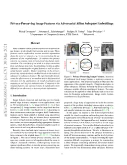Privacy-Preserving Image Features via Adversarial Affine Subspace
  Embeddings