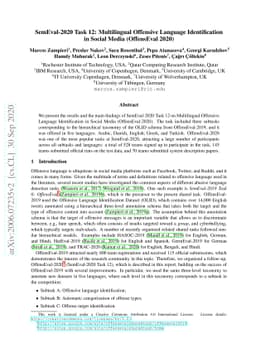 SemEval-2020 Task 12: Multilingual Offensive Language Identification in
  Social Media (OffensEval 2020)