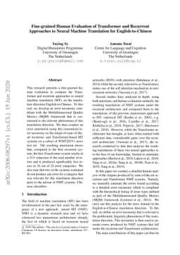 Fine-grained Human Evaluation of Transformer and Recurrent Approaches to
  Neural Machine Translation for English-to-Chinese