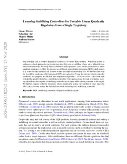Learning Stabilizing Controllers for Unstable Linear Quadratic
  Regulators from a Single Trajectory