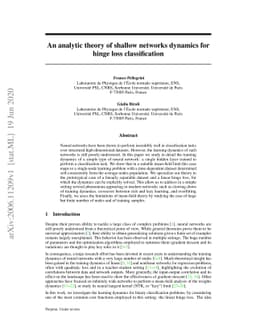 An analytic theory of shallow networks dynamics for hinge loss
  classification