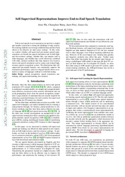 Self-Supervised Representations Improve End-to-End Speech Translation