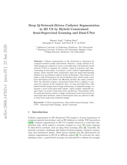 Deep Q-Network-Driven Catheter Segmentation in 3D US by Hybrid
  Constrained Semi-Supervised Learning and Dual-UNet