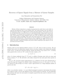 Recovery of Sparse Signals from a Mixture of Linear Samples