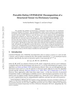 Provable Online CP/PARAFAC Decomposition of a Structured Tensor via
  Dictionary Learning