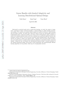 Linear Bandits with Limited Adaptivity and Learning Distributional
  Optimal Design