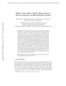Offline versus Online Triplet Mining based on Extreme Distances of
  Histopathology Patches