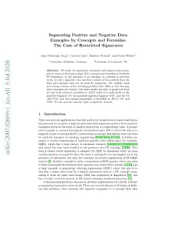 Separating Positive and Negative Data Examples by Concepts and Formulas:
  The Case of Restricted Signatures