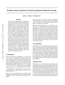 Backdoor attacks and defenses in feature-partitioned collaborative
  learning
