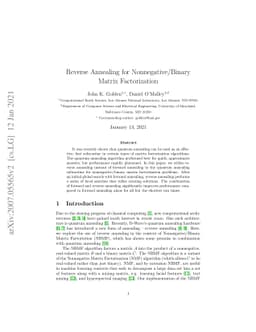 Reverse Annealing for Nonnegative/Binary Matrix Factorization