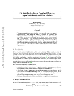 On regularization of gradient descent, layer imbalance and flat minima