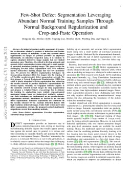 Few-Shot Defect Segmentation Leveraging Abundant Normal Training Samples
  Through Normal Background Regularization and Crop-and-Paste Operation