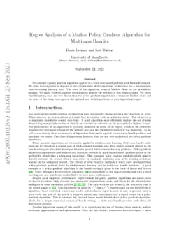 Regret Analysis of a Markov Policy Gradient Algorithm for Multi-arm
  Bandits