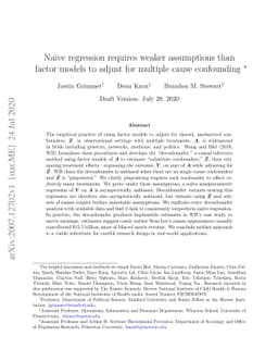 Naïve regression requires weaker assumptions than factor models to
  adjust for multiple cause confounding