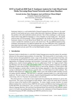 IUST at SemEval-2020 Task 9: Sentiment Analysis for Code-Mixed Social
  Media Text using Deep Neural Networks and Linear Baselines