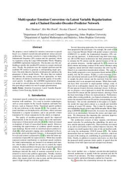 Multi-speaker Emotion Conversion via Latent Variable Regularization and
  a Chained Encoder-Decoder-Predictor Network