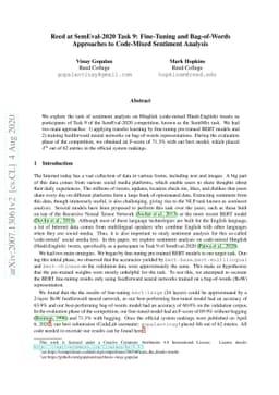 Reed at SemEval-2020 Task 9: Fine-Tuning and Bag-of-Words Approaches to
  Code-Mixed Sentiment Analysis