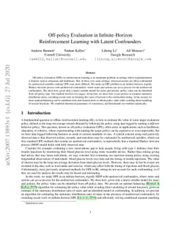 Off-policy Evaluation in Infinite-Horizon Reinforcement Learning with
  Latent Confounders