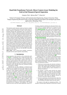 Dual-Path Transformer Network: Direct Context-Aware Modeling for
  End-to-End Monaural Speech Separation